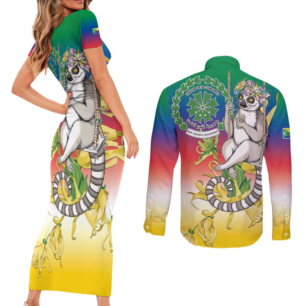 Comoros Mongoose Lemur Couples Matching Short Sleeve Bodycon Dress and Long Sleeve Button Shirt Coat Of Arms With Ylang Ylang