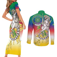 Comoros Mongoose Lemur Couples Matching Short Sleeve Bodycon Dress and Long Sleeve Button Shirt Coat Of Arms With Ylang Ylang