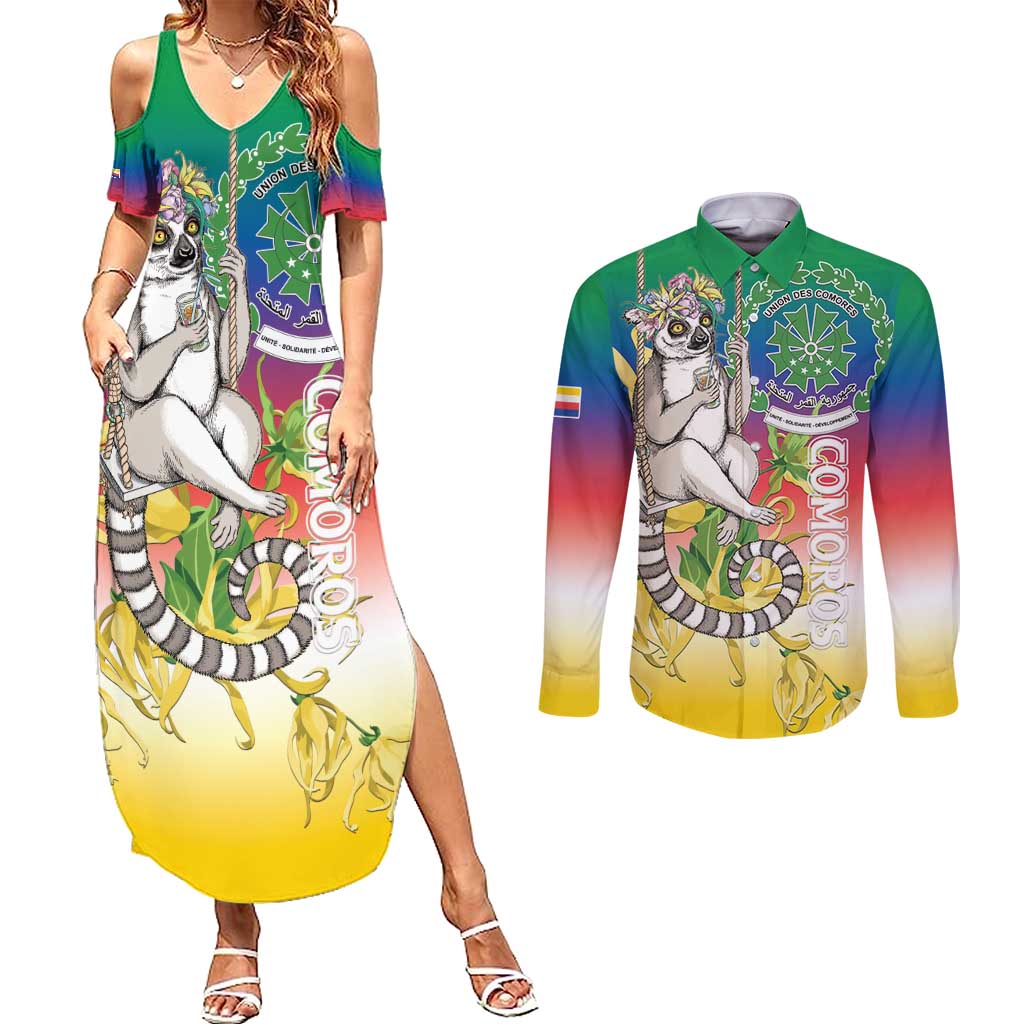 Comoros Mongoose Lemur Couples Matching Summer Maxi Dress and Long Sleeve Button Shirt Coat Of Arms With Ylang Ylang