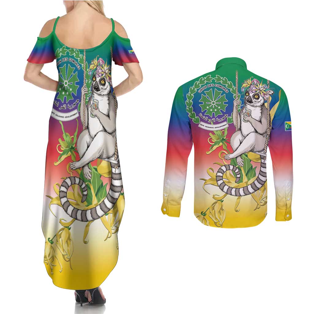 Comoros Mongoose Lemur Couples Matching Summer Maxi Dress and Long Sleeve Button Shirt Coat Of Arms With Ylang Ylang