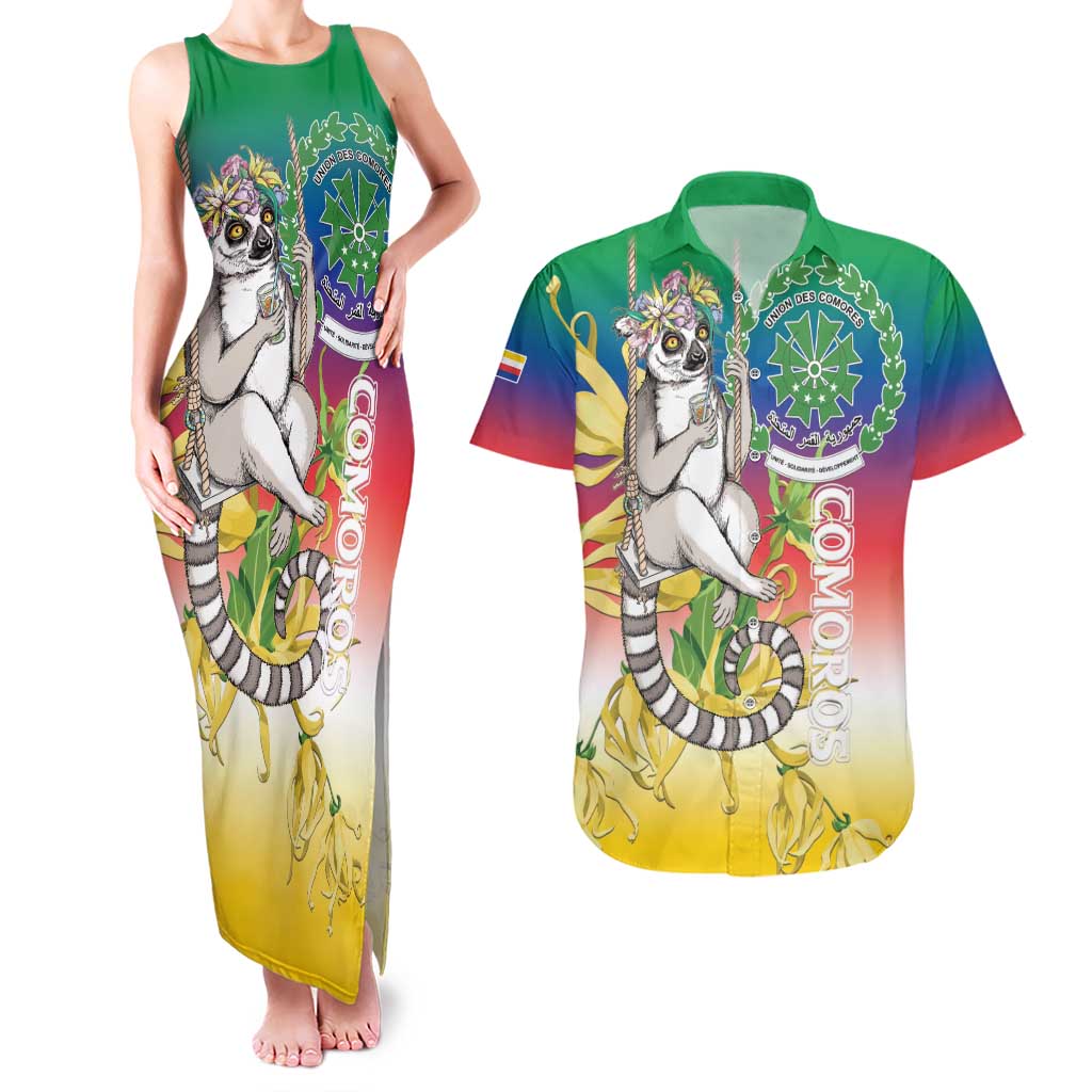 Comoros Mongoose Lemur Couples Matching Tank Maxi Dress and Hawaiian Shirt Coat Of Arms With Ylang Ylang