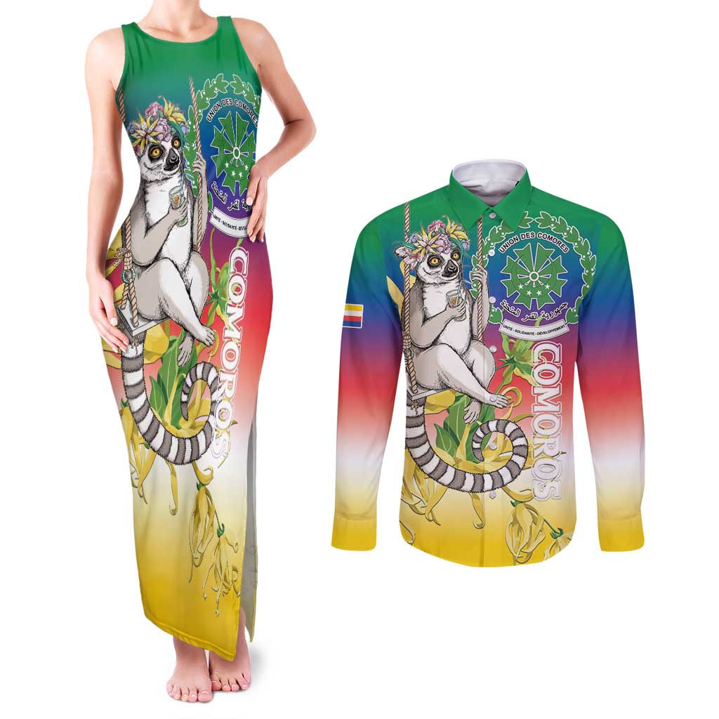 Comoros Mongoose Lemur Couples Matching Tank Maxi Dress and Long Sleeve Button Shirt Coat Of Arms With Ylang Ylang