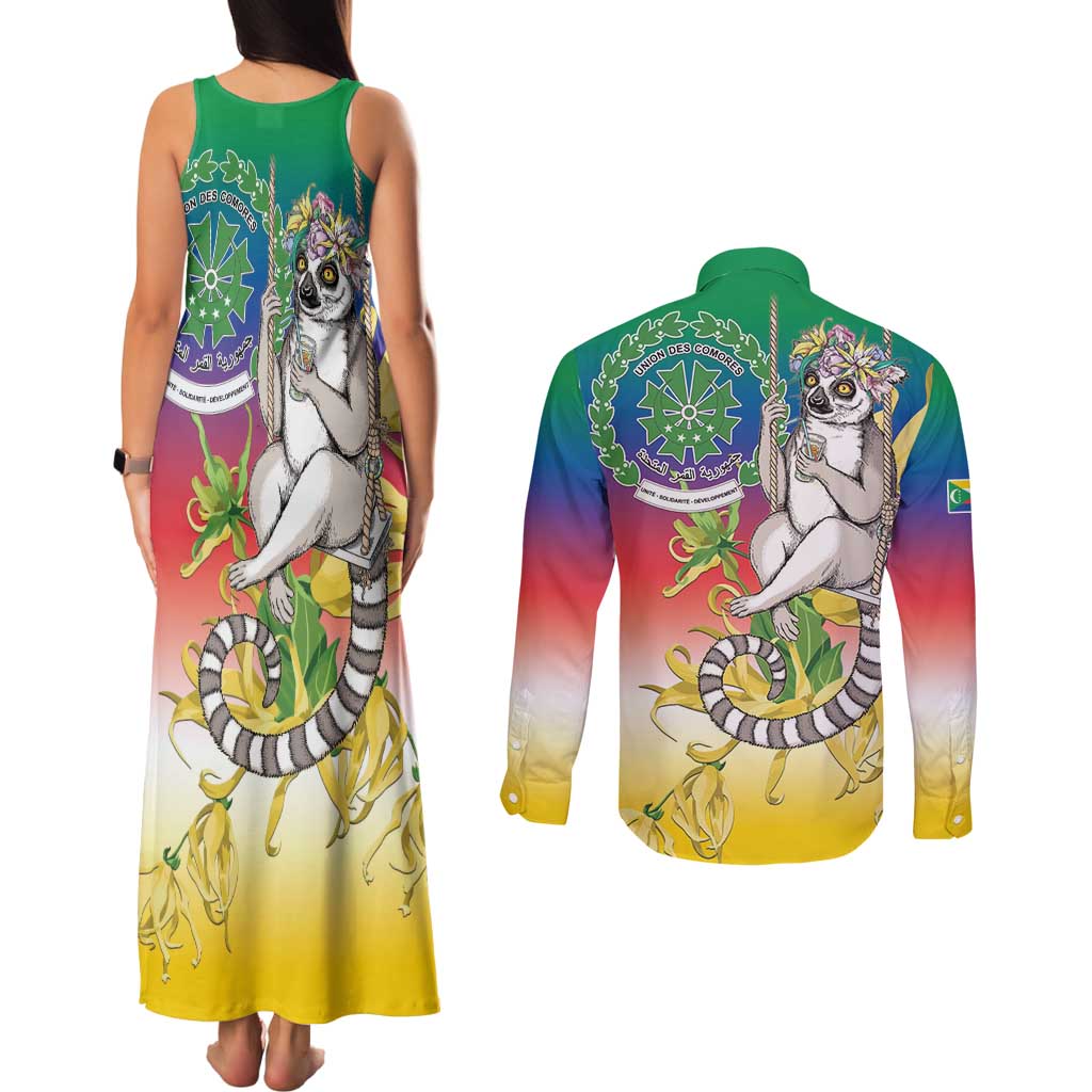 Comoros Mongoose Lemur Couples Matching Tank Maxi Dress and Long Sleeve Button Shirt Coat Of Arms With Ylang Ylang