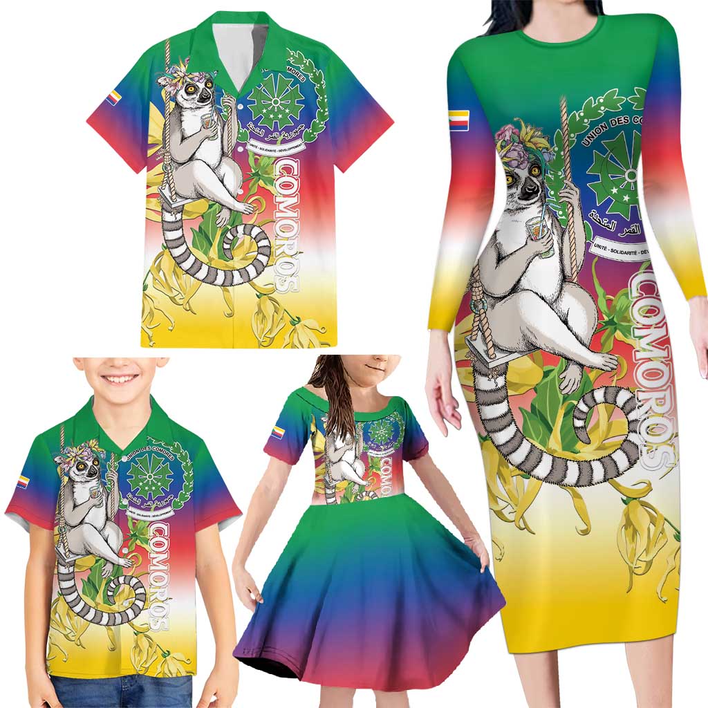 Comoros Mongoose Lemur Family Matching Long Sleeve Bodycon Dress and Hawaiian Shirt Coat Of Arms With Ylang Ylang