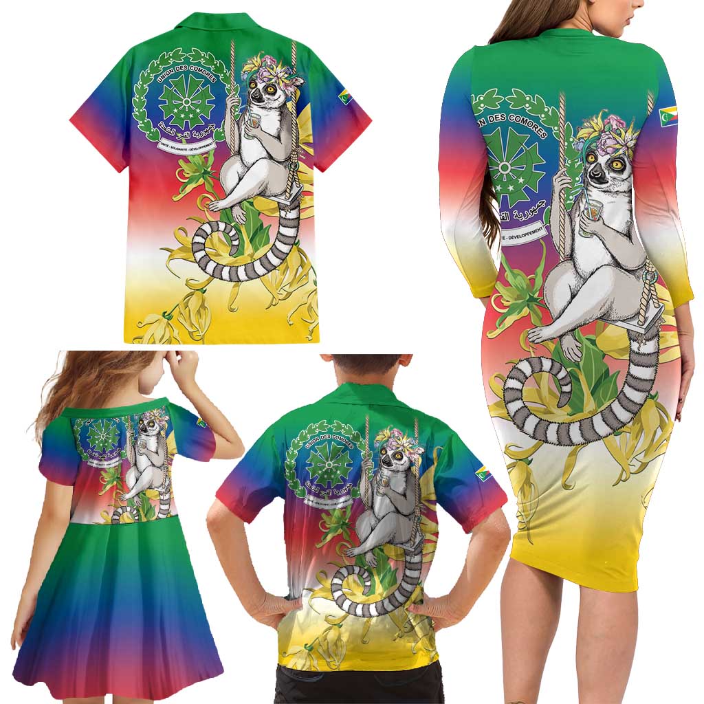 Comoros Mongoose Lemur Family Matching Long Sleeve Bodycon Dress and Hawaiian Shirt Coat Of Arms With Ylang Ylang