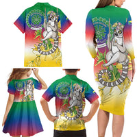 Comoros Mongoose Lemur Family Matching Long Sleeve Bodycon Dress and Hawaiian Shirt Coat Of Arms With Ylang Ylang