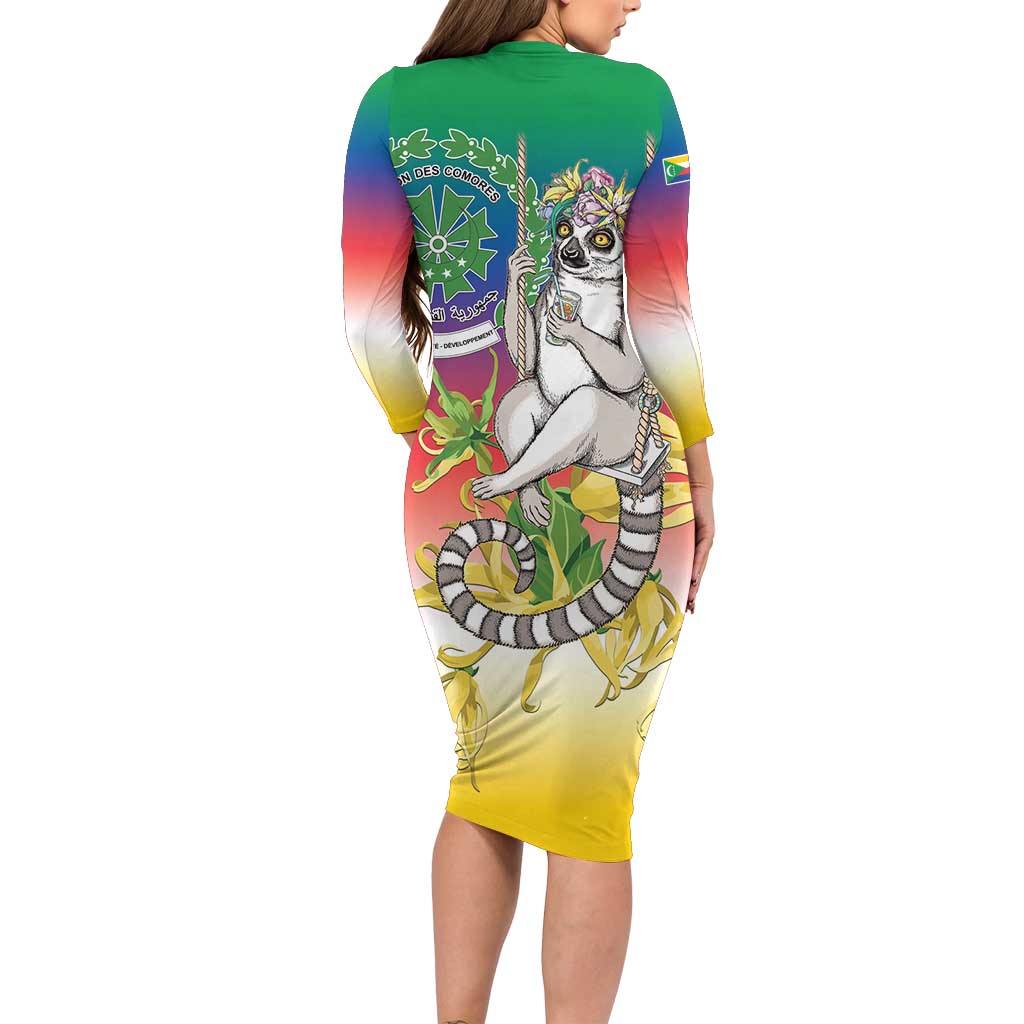 Comoros Mongoose Lemur Family Matching Long Sleeve Bodycon Dress and Hawaiian Shirt Coat Of Arms With Ylang Ylang