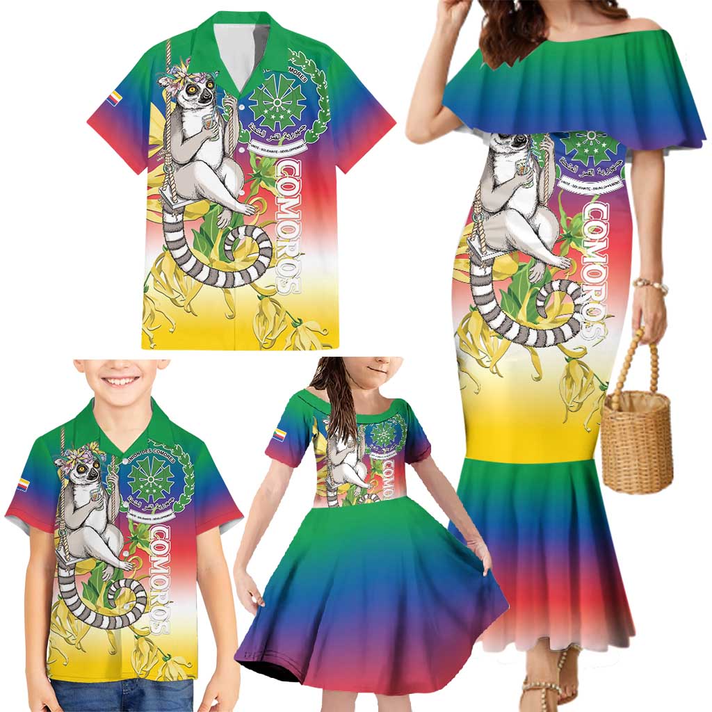 Comoros Mongoose Lemur Family Matching Mermaid Dress and Hawaiian Shirt Coat Of Arms With Ylang Ylang