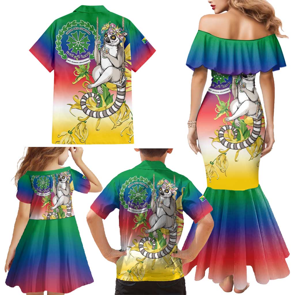 Comoros Mongoose Lemur Family Matching Mermaid Dress and Hawaiian Shirt Coat Of Arms With Ylang Ylang
