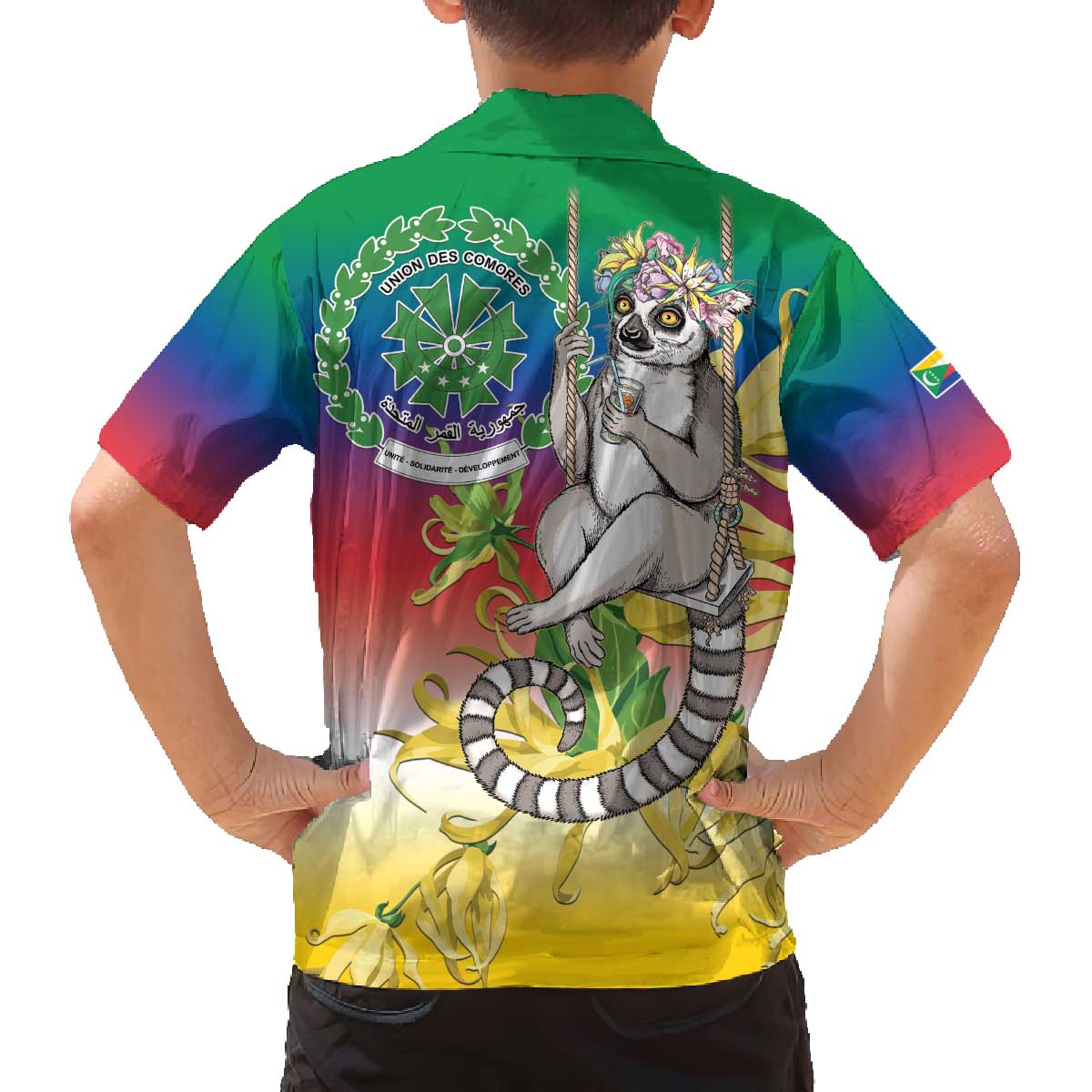 Comoros Mongoose Lemur Family Matching Off The Shoulder Long Sleeve Dress and Hawaiian Shirt Coat Of Arms With Ylang Ylang