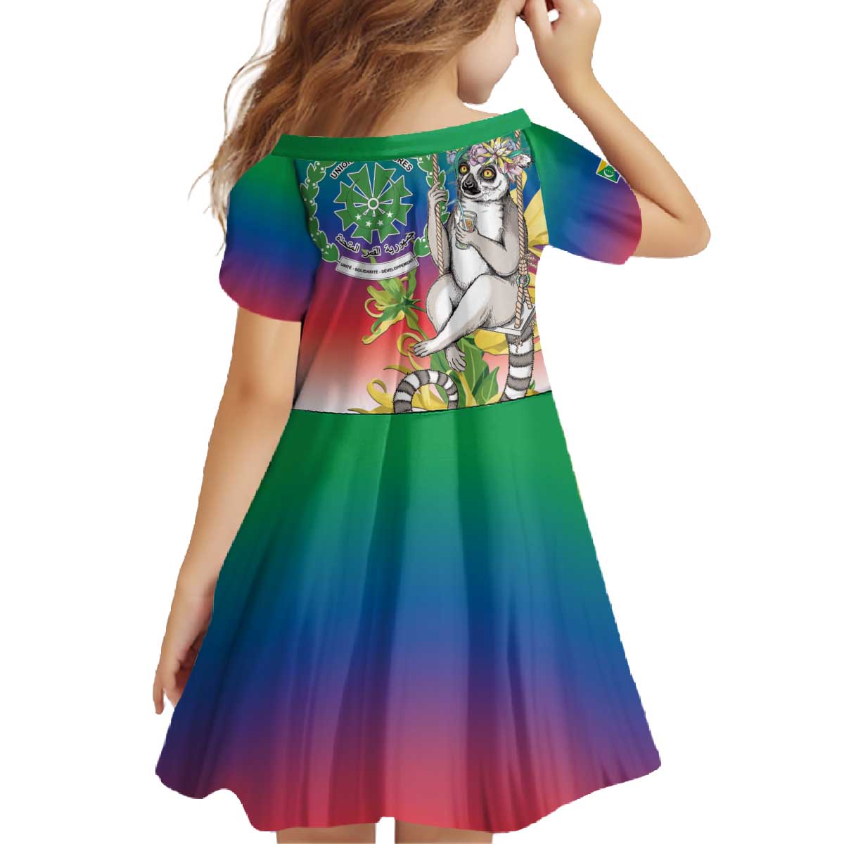 Comoros Mongoose Lemur Family Matching Off The Shoulder Long Sleeve Dress and Hawaiian Shirt Coat Of Arms With Ylang Ylang