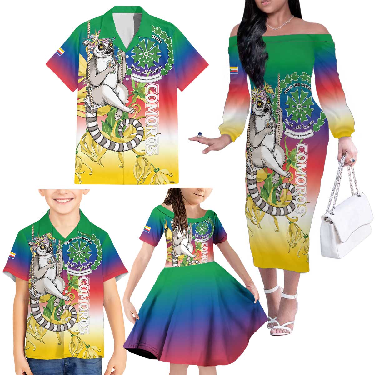 Comoros Mongoose Lemur Family Matching Off The Shoulder Long Sleeve Dress and Hawaiian Shirt Coat Of Arms With Ylang Ylang