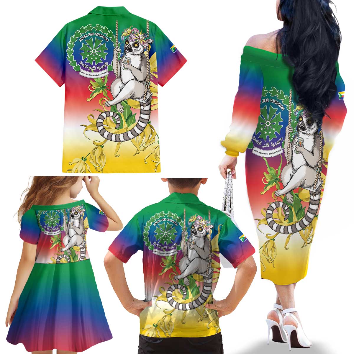 Comoros Mongoose Lemur Family Matching Off The Shoulder Long Sleeve Dress and Hawaiian Shirt Coat Of Arms With Ylang Ylang