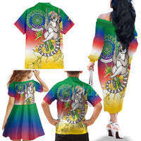 Comoros Mongoose Lemur Family Matching Off The Shoulder Long Sleeve Dress and Hawaiian Shirt Coat Of Arms With Ylang Ylang
