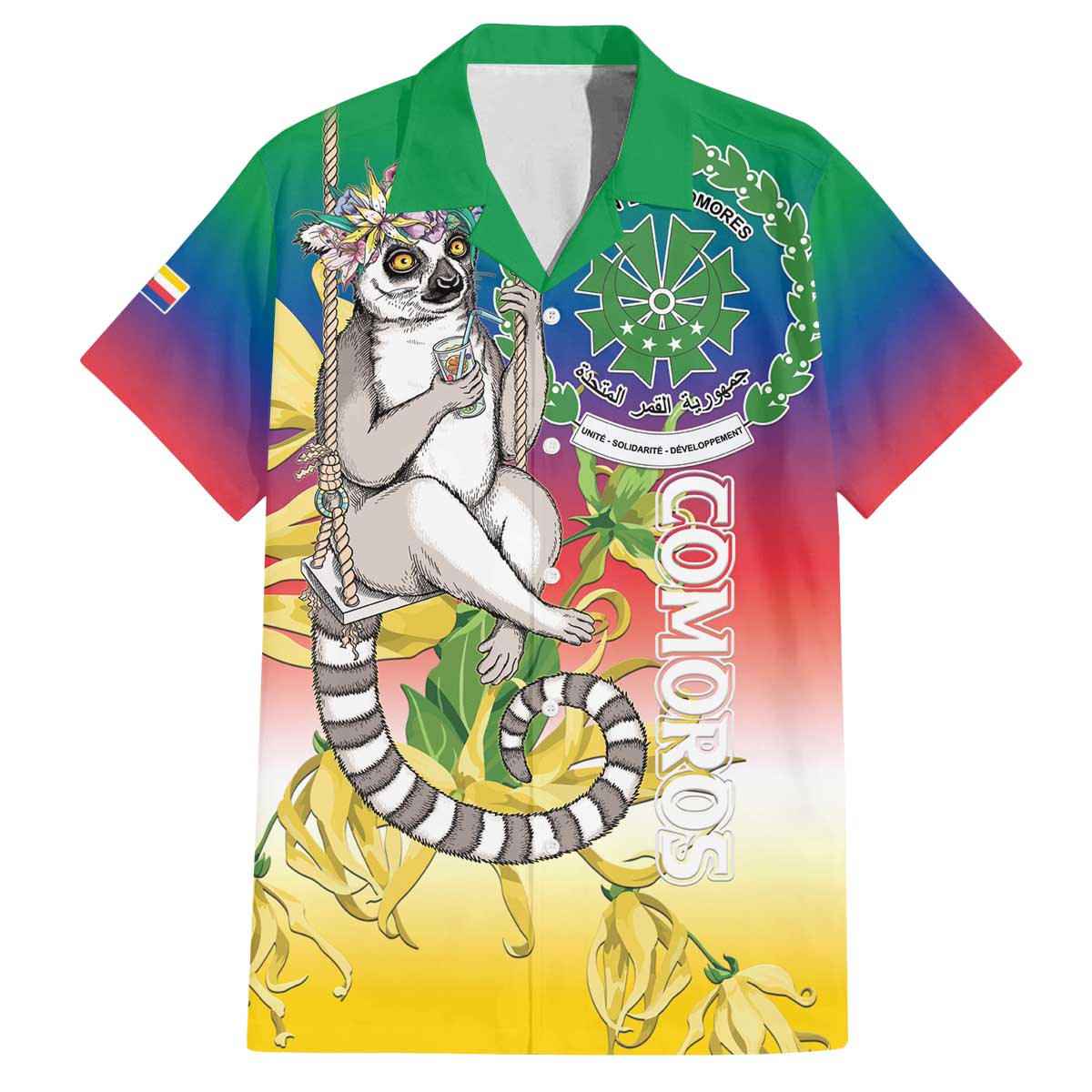 Comoros Mongoose Lemur Family Matching Off The Shoulder Long Sleeve Dress and Hawaiian Shirt Coat Of Arms With Ylang Ylang