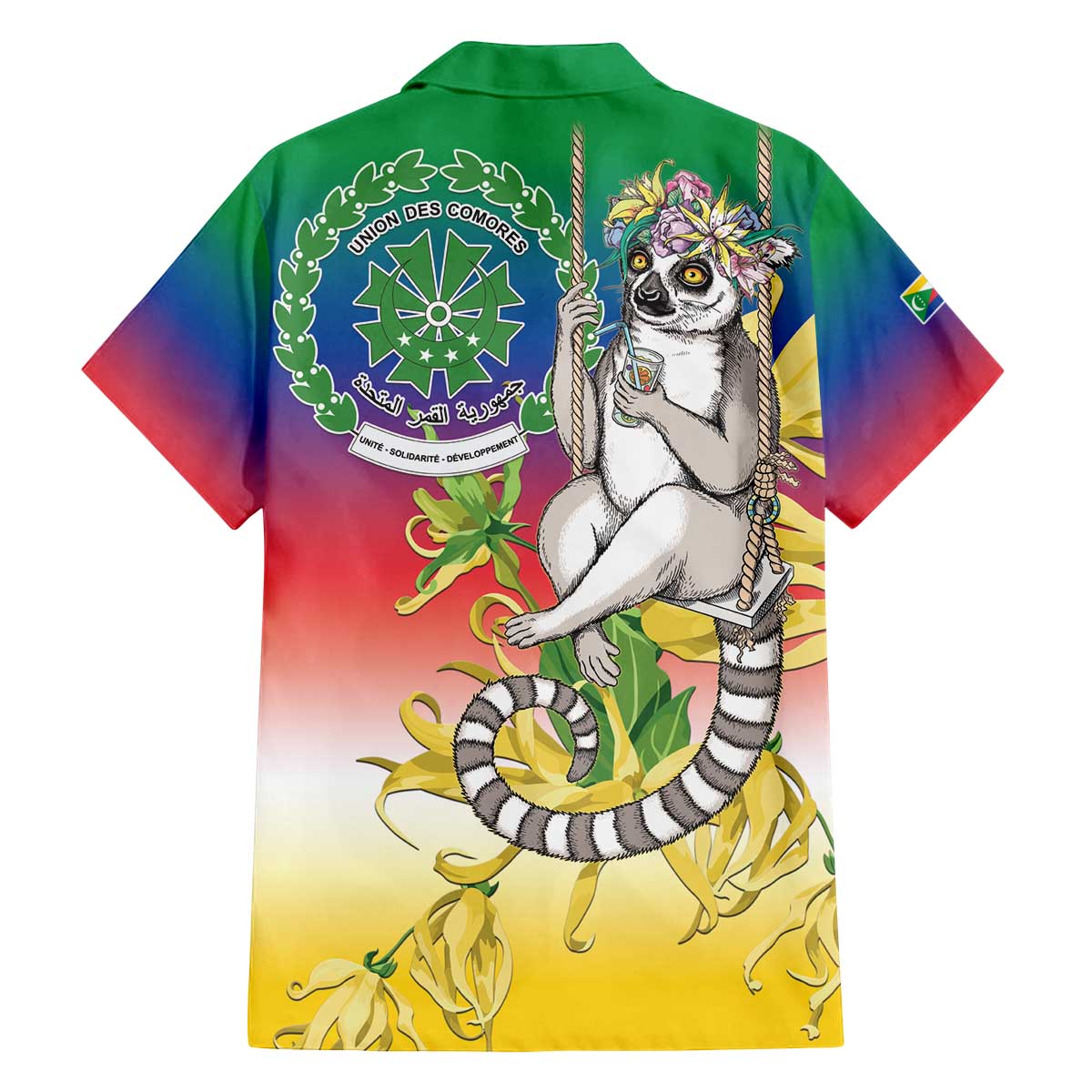 Comoros Mongoose Lemur Family Matching Off The Shoulder Long Sleeve Dress and Hawaiian Shirt Coat Of Arms With Ylang Ylang