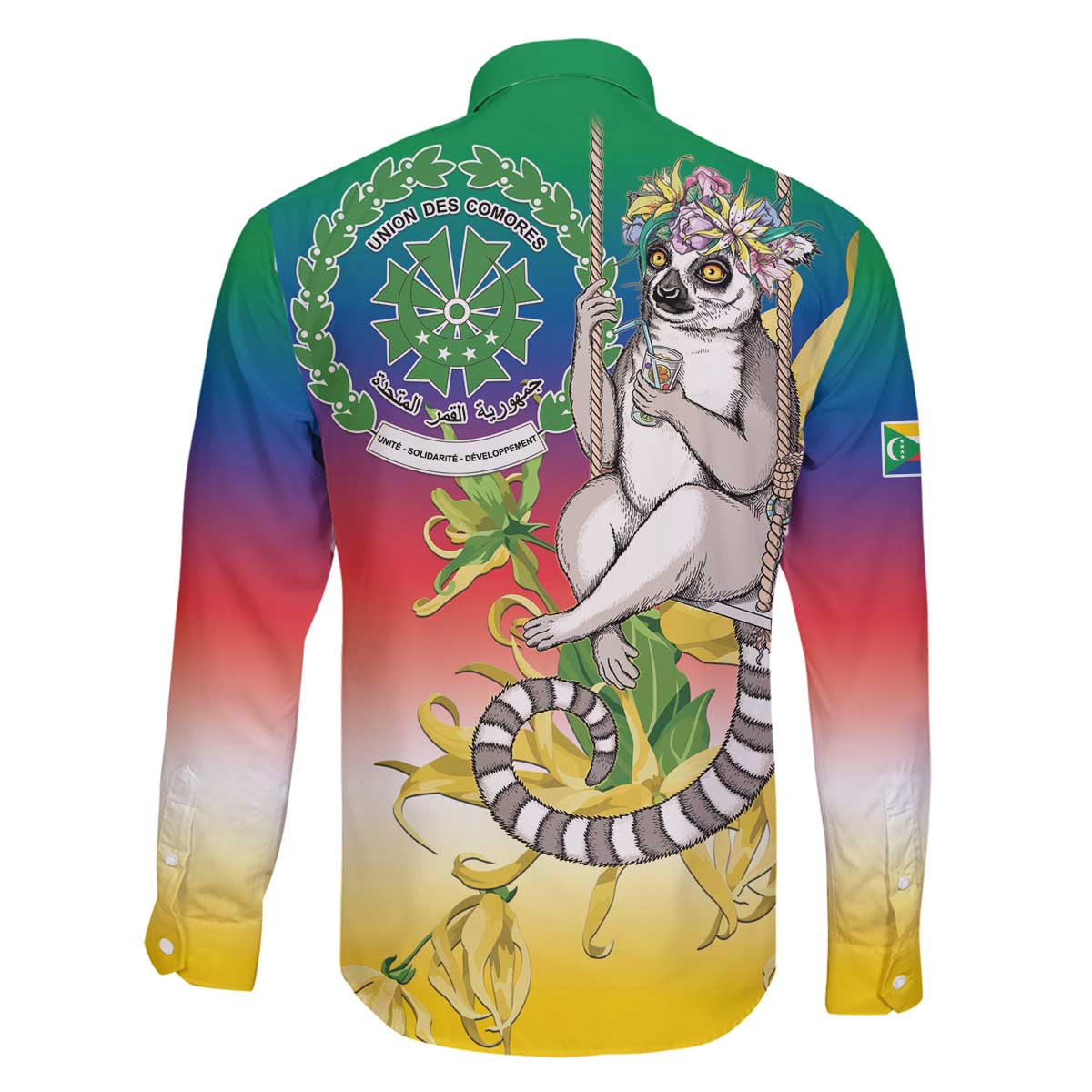 Comoros Mongoose Lemur Family Matching Off The Shoulder Long Sleeve Dress and Hawaiian Shirt Coat Of Arms With Ylang Ylang