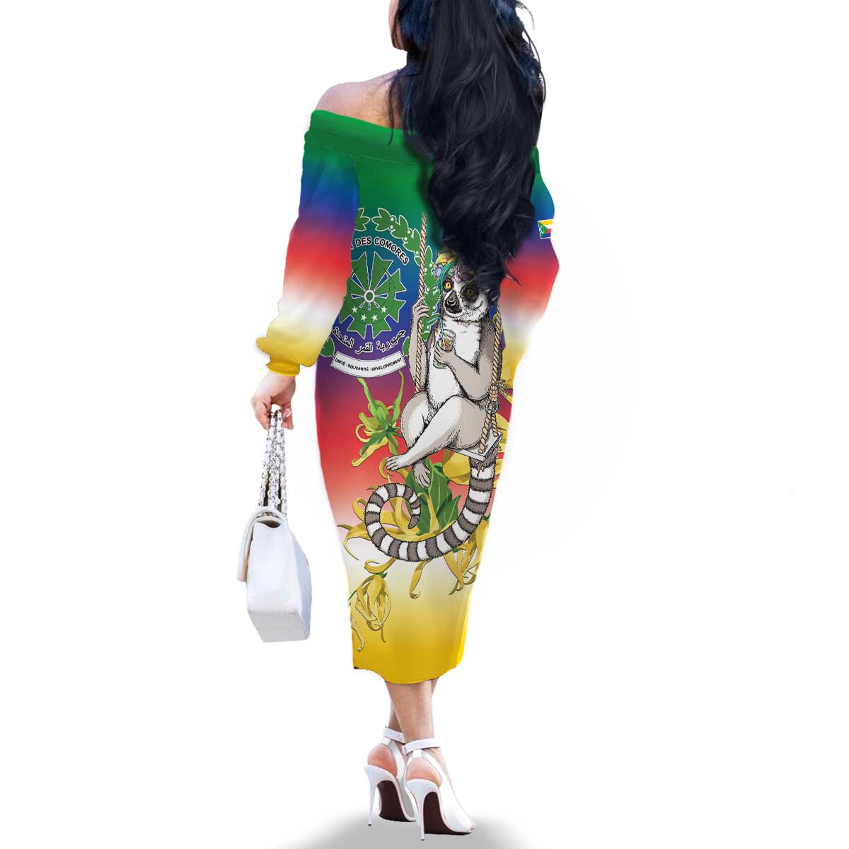 Comoros Mongoose Lemur Family Matching Off The Shoulder Long Sleeve Dress and Hawaiian Shirt Coat Of Arms With Ylang Ylang