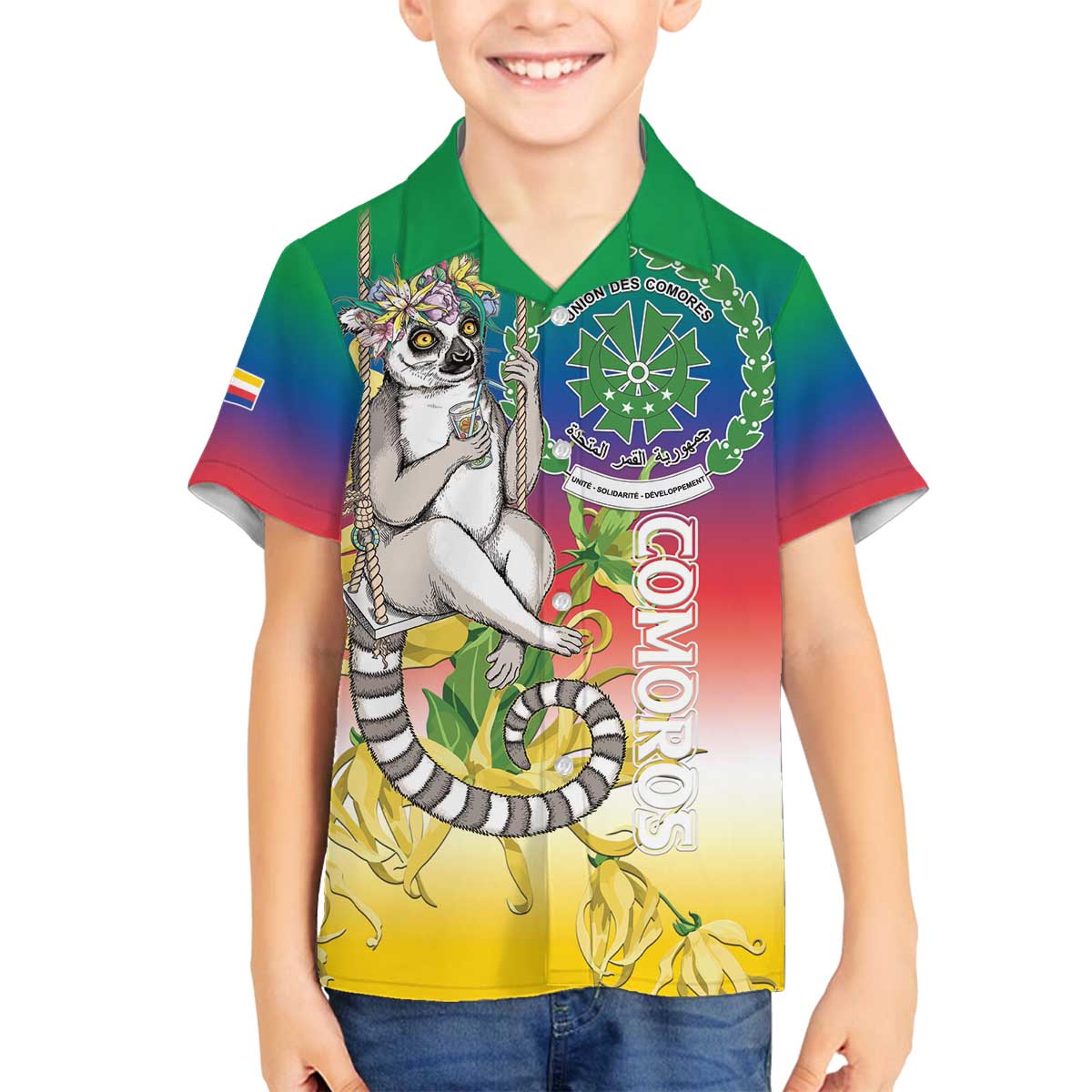 Comoros Mongoose Lemur Family Matching Off The Shoulder Long Sleeve Dress and Hawaiian Shirt Coat Of Arms With Ylang Ylang