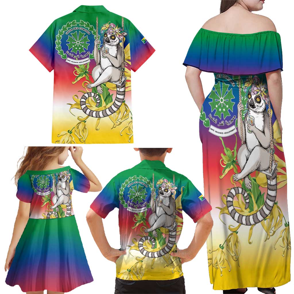 Comoros Mongoose Lemur Family Matching Off Shoulder Maxi Dress and Hawaiian Shirt Coat Of Arms With Ylang Ylang