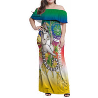 Comoros Mongoose Lemur Family Matching Off Shoulder Maxi Dress and Hawaiian Shirt Coat Of Arms With Ylang Ylang