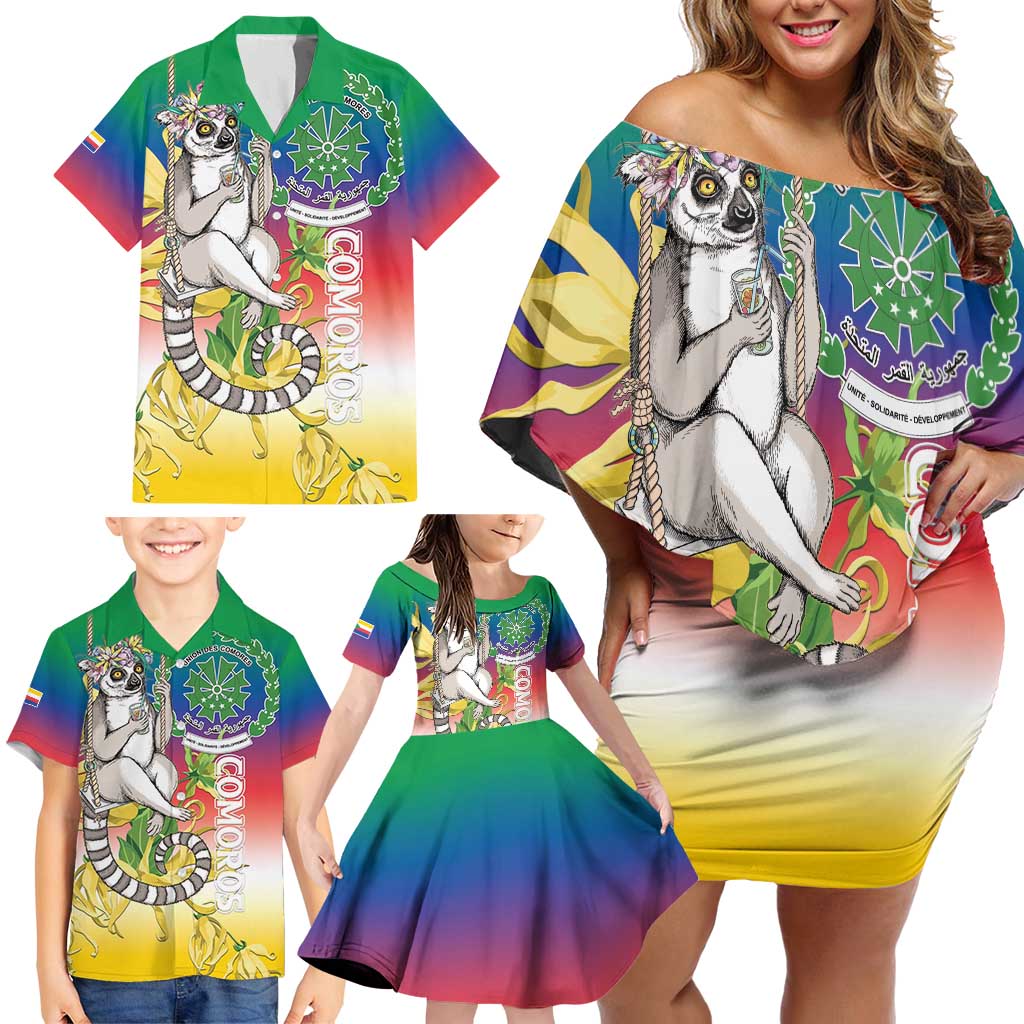 Comoros Mongoose Lemur Family Matching Off Shoulder Short Dress and Hawaiian Shirt Coat Of Arms With Ylang Ylang