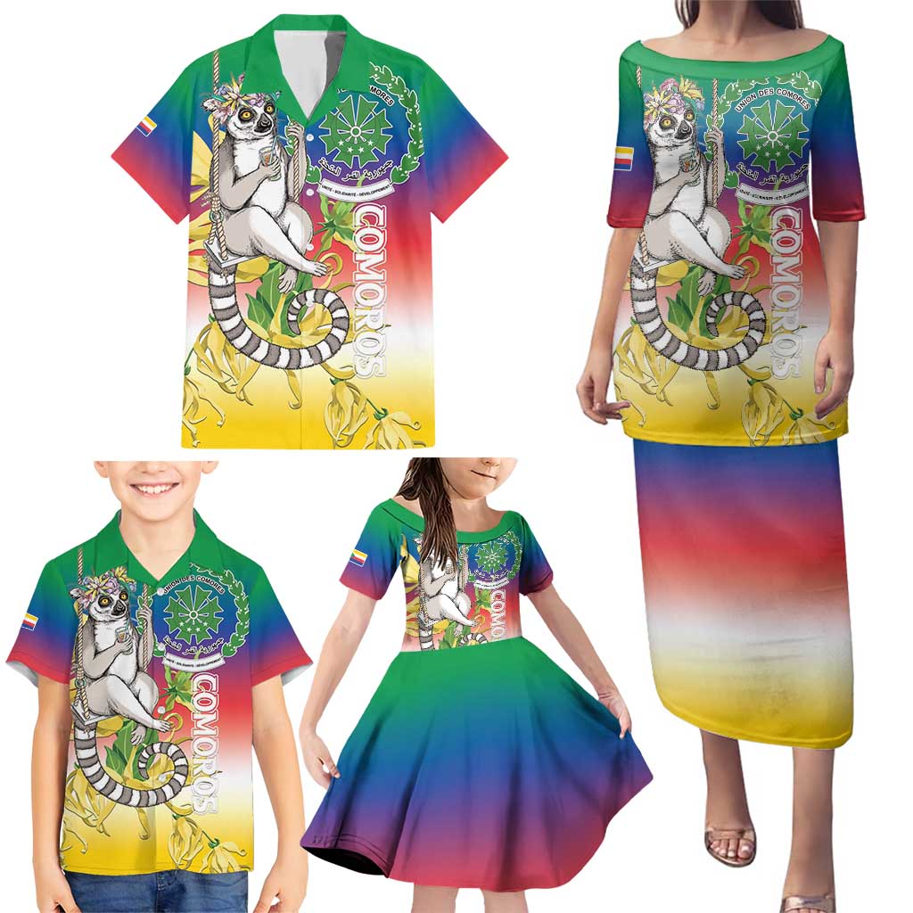 Comoros Mongoose Lemur Family Matching Puletasi and Hawaiian Shirt Coat Of Arms With Ylang Ylang