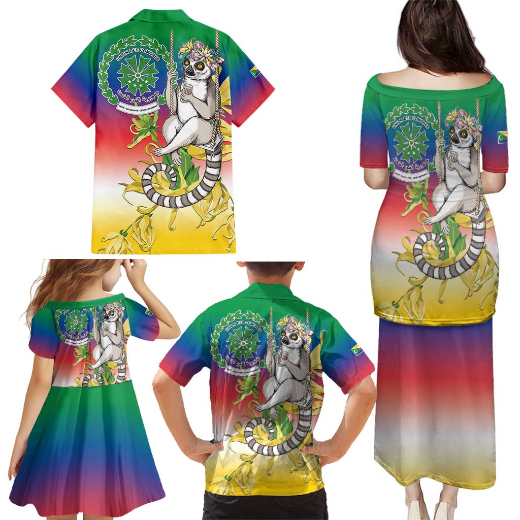 Comoros Mongoose Lemur Family Matching Puletasi and Hawaiian Shirt Coat Of Arms With Ylang Ylang
