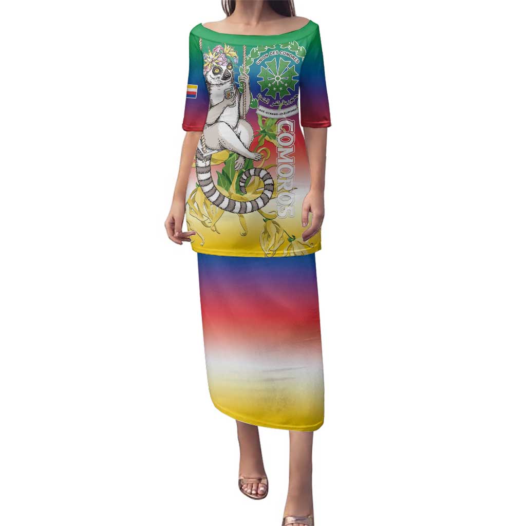 Comoros Mongoose Lemur Family Matching Puletasi and Hawaiian Shirt Coat Of Arms With Ylang Ylang