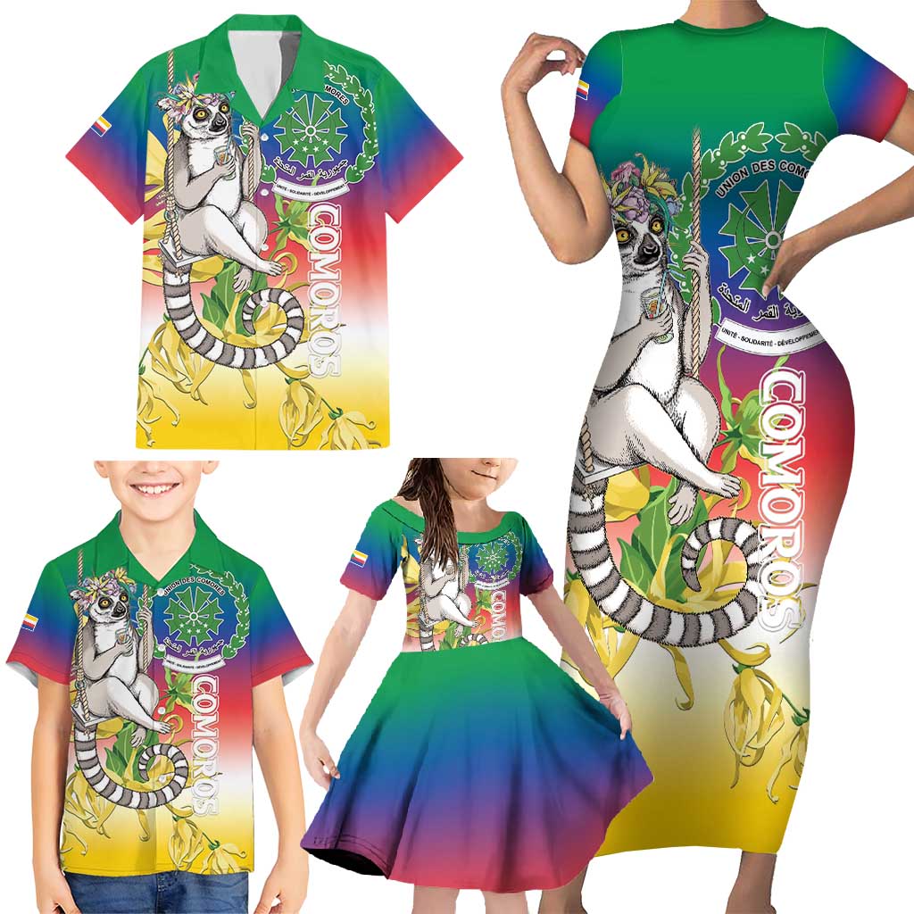 Comoros Mongoose Lemur Family Matching Short Sleeve Bodycon Dress and Hawaiian Shirt Coat Of Arms With Ylang Ylang