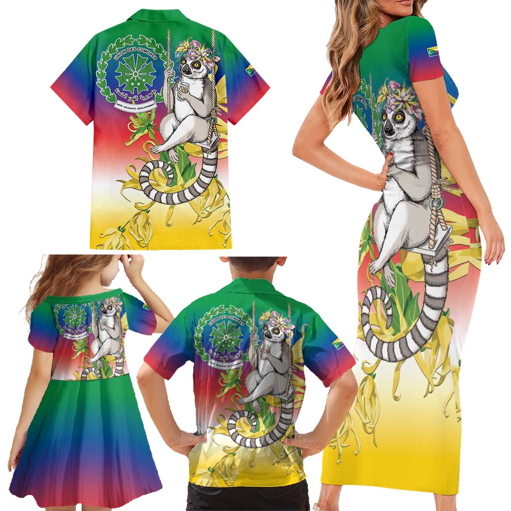 Comoros Mongoose Lemur Family Matching Short Sleeve Bodycon Dress and Hawaiian Shirt Coat Of Arms With Ylang Ylang