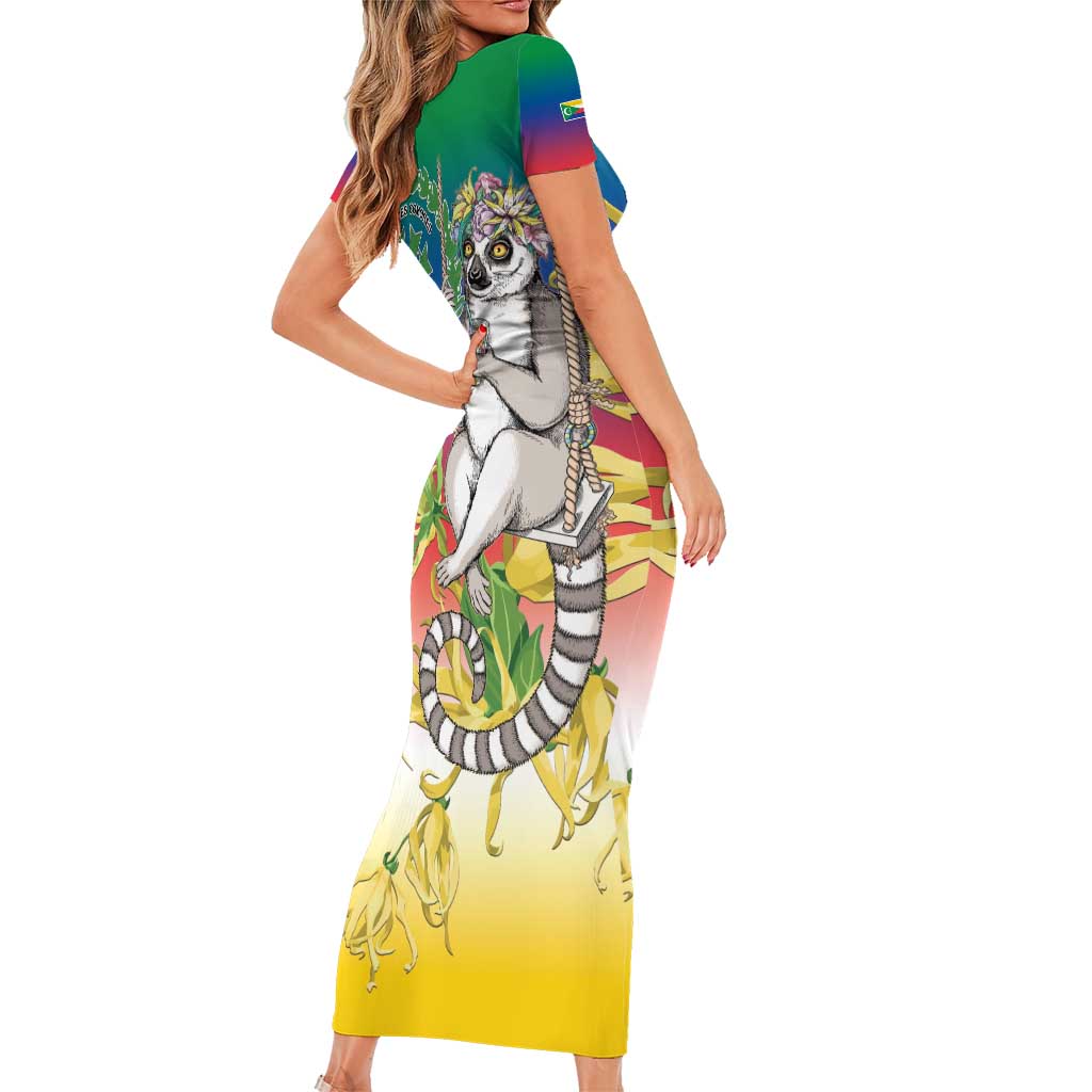Comoros Mongoose Lemur Family Matching Short Sleeve Bodycon Dress and Hawaiian Shirt Coat Of Arms With Ylang Ylang