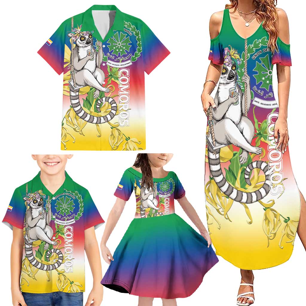 Comoros Mongoose Lemur Family Matching Summer Maxi Dress and Hawaiian Shirt Coat Of Arms With Ylang Ylang