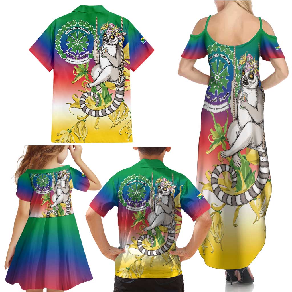 Comoros Mongoose Lemur Family Matching Summer Maxi Dress and Hawaiian Shirt Coat Of Arms With Ylang Ylang