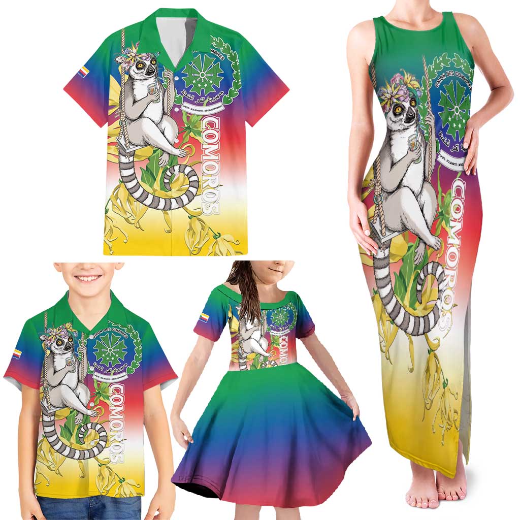 Comoros Mongoose Lemur Family Matching Tank Maxi Dress and Hawaiian Shirt Coat Of Arms With Ylang Ylang