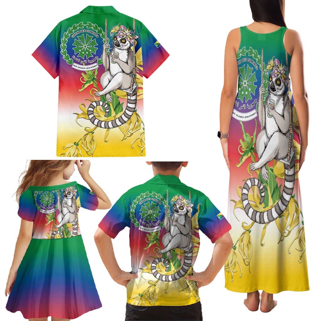 Comoros Mongoose Lemur Family Matching Tank Maxi Dress and Hawaiian Shirt Coat Of Arms With Ylang Ylang