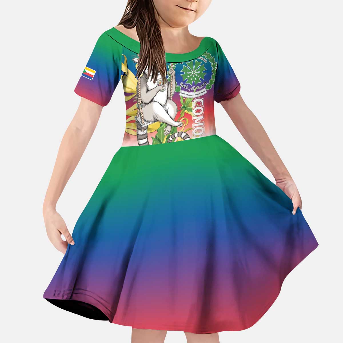 Comoros Mongoose Lemur Kid Short Sleeve Dress Coat Of Arms With Ylang Ylang