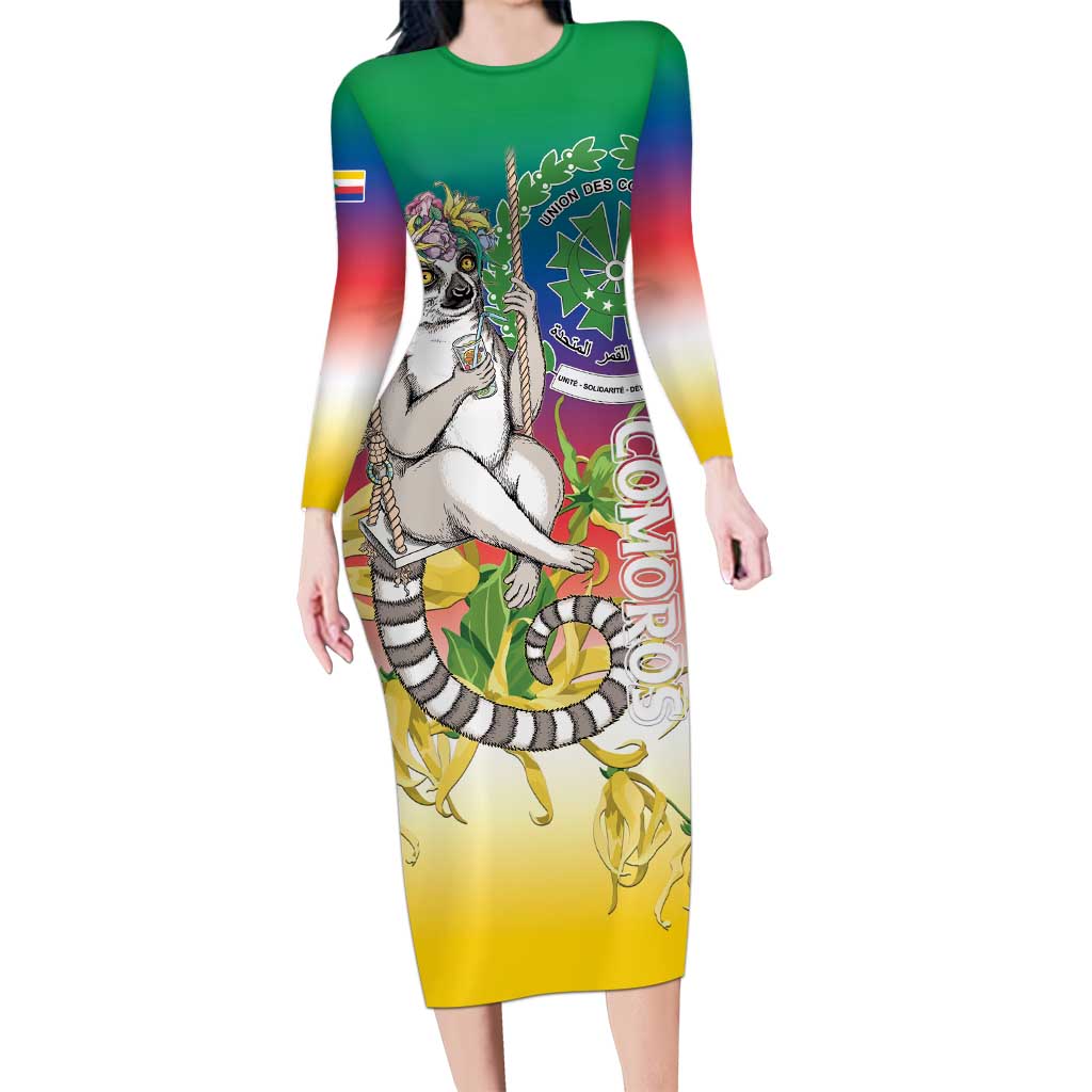 Comoros Mongoose Lemur Long Sleeve Bodycon Dress Coat Of Arms With Ylang Ylang