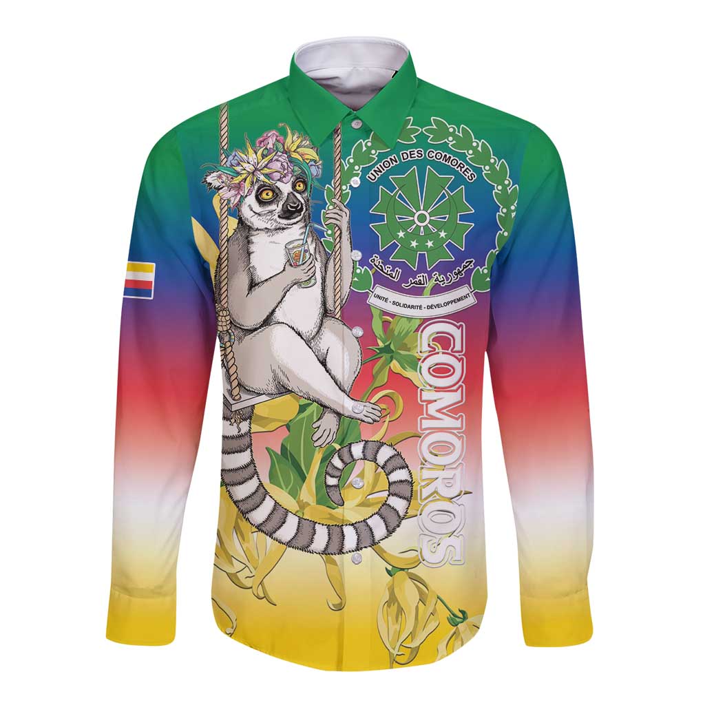 Comoros Mongoose Lemur Long Sleeve Button Shirt Coat Of Arms With Ylang Ylang