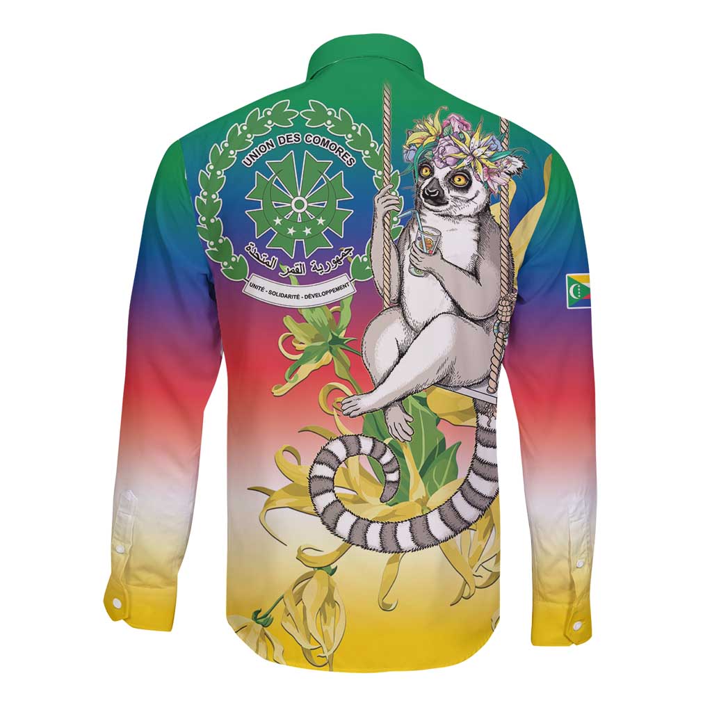 Comoros Mongoose Lemur Long Sleeve Button Shirt Coat Of Arms With Ylang Ylang
