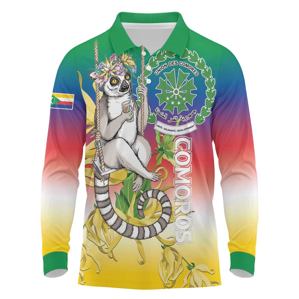 Comoros Mongoose Lemur Long Sleeve Polo Shirt Coat Of Arms With Ylang Ylang