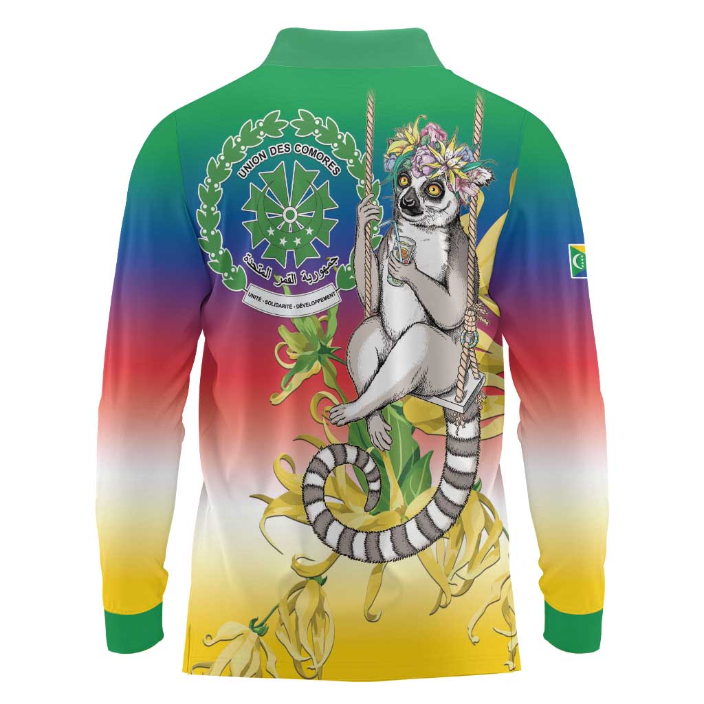 Comoros Mongoose Lemur Long Sleeve Polo Shirt Coat Of Arms With Ylang Ylang