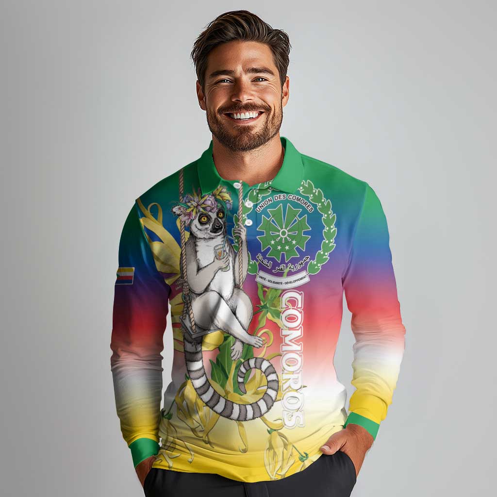 Comoros Mongoose Lemur Long Sleeve Polo Shirt Coat Of Arms With Ylang Ylang