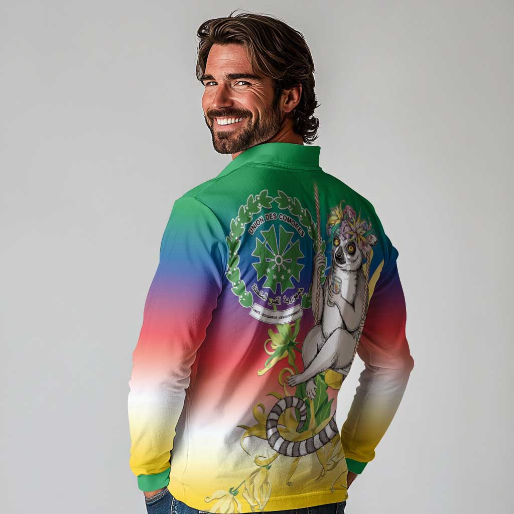 Comoros Mongoose Lemur Long Sleeve Polo Shirt Coat Of Arms With Ylang Ylang