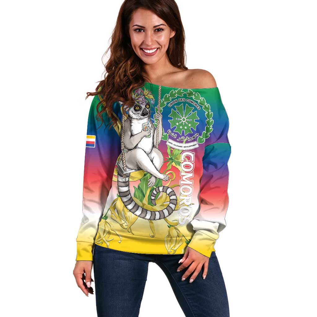 Comoros Mongoose Lemur Off Shoulder Sweater Coat Of Arms With Ylang Ylang
