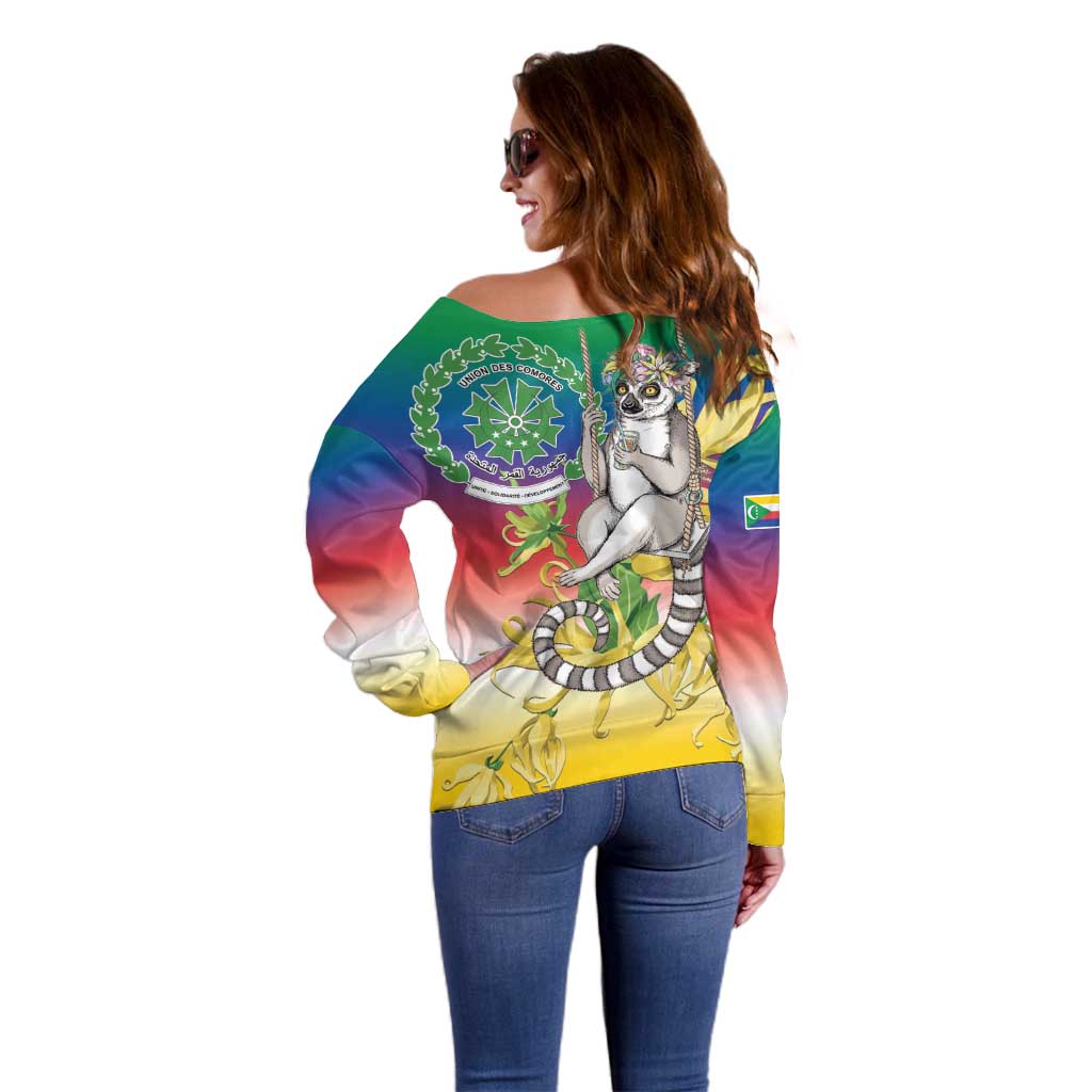 Comoros Mongoose Lemur Off Shoulder Sweater Coat Of Arms With Ylang Ylang