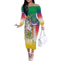Comoros Mongoose Lemur Off The Shoulder Long Sleeve Dress Coat Of Arms With Ylang Ylang