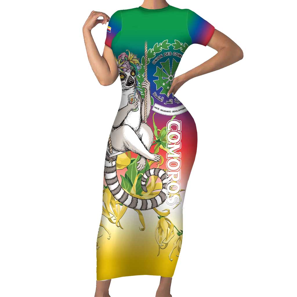 Comoros Mongoose Lemur Short Sleeve Bodycon Dress Coat Of Arms With Ylang Ylang