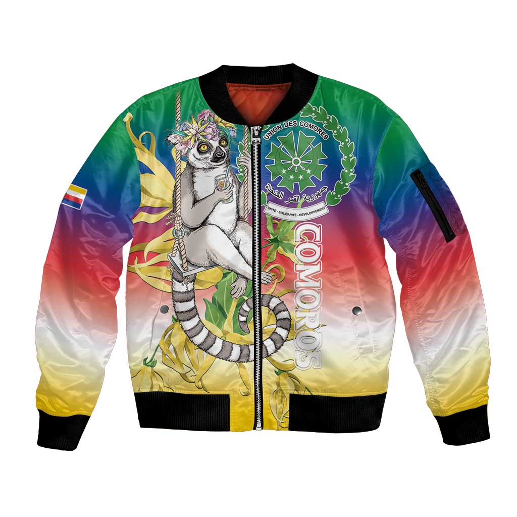 Comoros Mongoose Lemur Sleeve Zip Bomber Jacket Coat Of Arms With Ylang Ylang