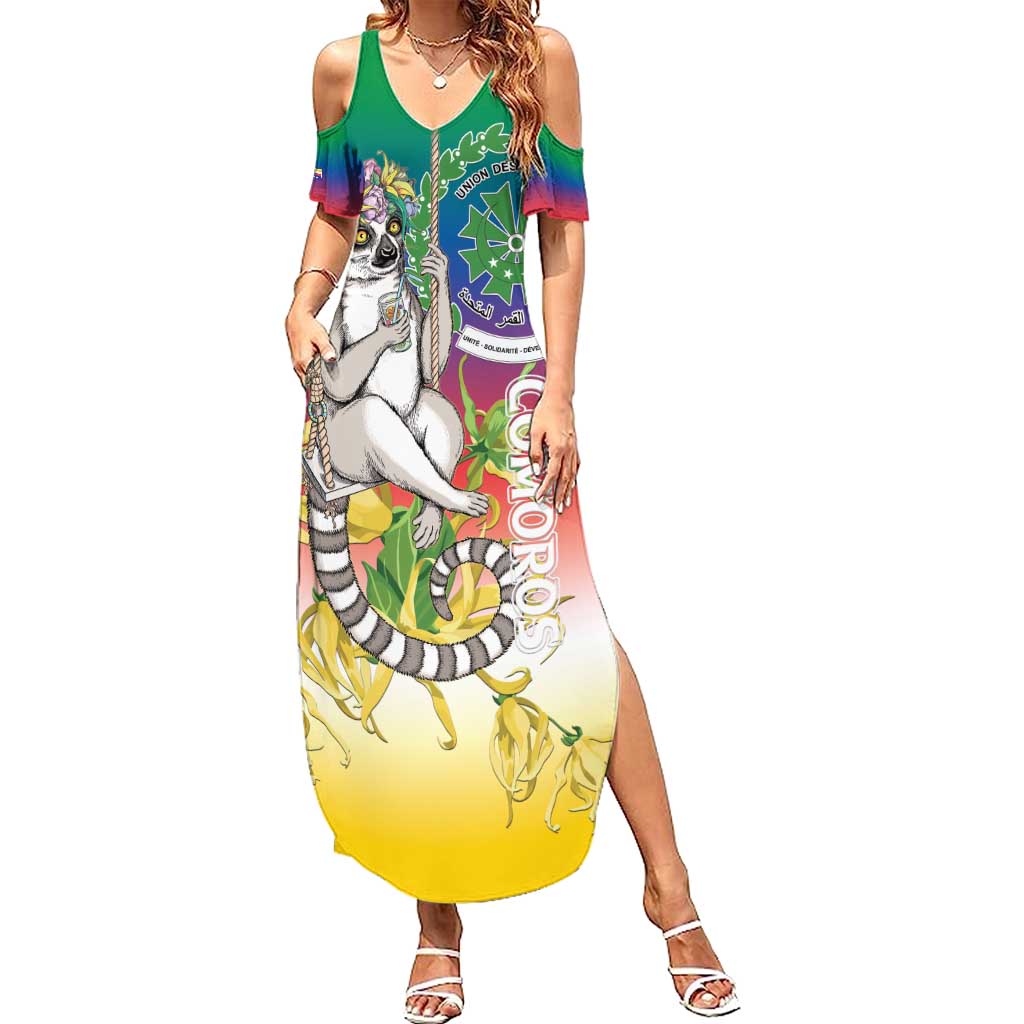 Comoros Mongoose Lemur Summer Maxi Dress Coat Of Arms With Ylang Ylang